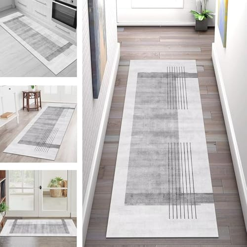 SGLGSTORE Teppich Läufer Lang Flur Küche Teppichläufer rutschfest Waschbar Küchenläufer Teppichmatten Grau Schmutzfangmatte 50X180CM Meterware Flurteppich Wohnzimmer Schlafzimmer Küchenteppich