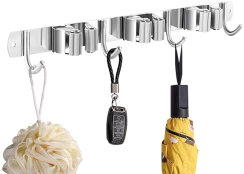 Goowafur Broom Holder Wall Mount,Garden Kitchen Tool Organizer - Garden Tool Storage Utility Rack With 4 Hooks And 3 Slots For Laundry Room, Garage Organization Storage