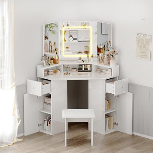 BSTSEL Corner Dressing Table with Mirror and Stool 3 Adjustable LED Lights Vanity Desk 3 Compartments, 2 Drawers Cabinets, Large Storage Makeup Desk for Bedroom (High-gloss Finish with Smart Mirror)