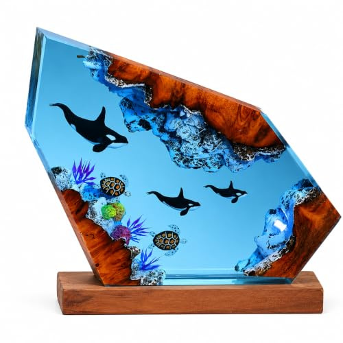 Drawelry 3D Ozean Figur Harz Statue Ornamente mit Holzsockel LED Nachtlicht Epoxidharz Meerestier Hai Wale Oktopus Taucher Figuren Skulptur Mini Meere Aquarium für Zuhause, Büro, Tisch Deko (C9)