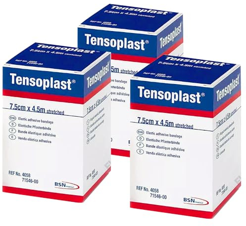 Benda Elastica Adesiva Tensoplast, Bordi Morbidi e Materiale Adesivo Poroso, Riga Centrale Gialla, Misura 4,5 m x 7,5 cm, 3 pezzi