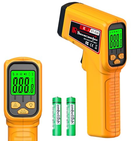 FKM Thermomètre infrarouge sans contact avec pistolet à température laser - 50 °C à 530 °C - Émissivité réglable - Pour cuisine industrielle, cuisine, four, automobile, CVC, ne convient pas aux