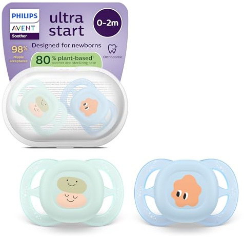 Philips Avent Ultra Start Soother - Orthodontic Design, for Newborns, Soft Silicone Symmetrical Teat, BPA-Free, with Sterilizing Case, 2 Pack, SCF075/14