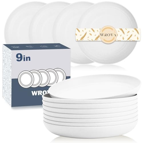 Wrova Plastic Plates Set of 8 Reusable Dinner Plate 9 Inch Deep Plate Set, Unbreakable, Lightweight, Dishwasher & Microwave Safe for Kitchen - White