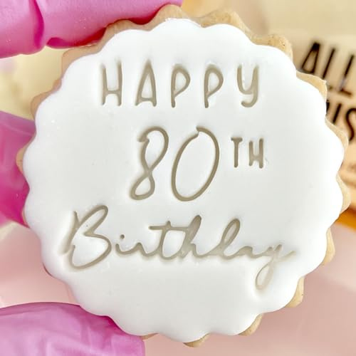 Happy 80th Birthday Cookie Cutter Stamp Embosser fits m&s Biscuits Great for Fondant Icing Eighty 80 Birthday Reusable Marks and Spencers Party Favours Free Matching Cutter