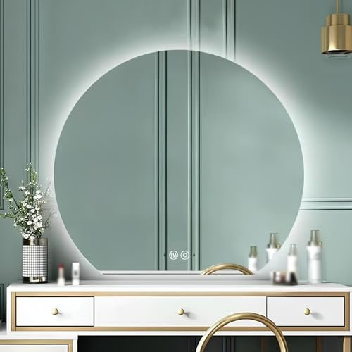 Specchio da bagno rotondo a mezzaluna a LED, anti-appannamento, senza cornice, con illuminazione, specchio da ingresso a parete (centrale, 72 x 80 cm) - Modern Vanity Essential