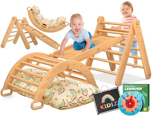 Kidiz® Montessori - Set 7 in 1 con arco da arrampicata, triangolo da arrampicata in legno, con cuscino, lavagna e orologio di apprendimento, parco giochi per bambini a partire da 1 anno e bambini