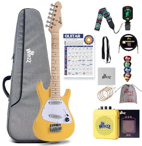 Winzz - Guitarra eléctrica para niños de 30 pulgadas, kit para principiantes, guitarra eléctrica mini de tamaño 1/4 para niños, juego completo de iniciación con amplificador, color amarillo brillante