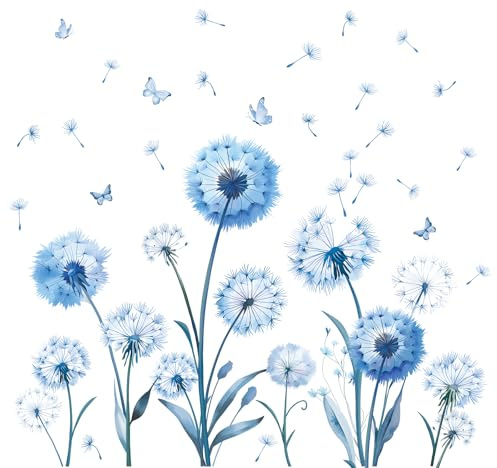 FUFUQUARE Blaue Löwenzahn Wandaufkleber Abnehmbare Blume Schmetterling Wandtattoos PVC Abnehmbares Dekor für Wohnzimmer Schlafzimmer Kinderzimmer