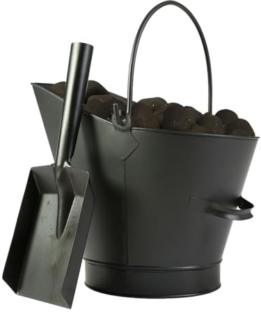 Matte Black Coal Bucket and Shovel Fireside Coal Scuttle Kindling Basket | Coal Scuttle, Recycled Metal, Cast Iron, Wood Cradle, Fireside Storage, Carrying Handle