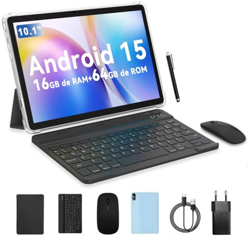 PRITOM 10 Zoll Tablet, 6-in-1 Tablets, 16 GB, 64 GB ROM, Android 15, 1024GB Expand,Qcta core, WiFi 6, 6000 Mah, Tablet PC mit Tastatur, Maus, Case,Grau