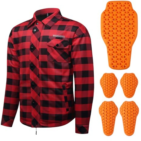 WOSAWE Winter Motorradjacke für Herren & Damen, Kariertes Fleece Motorradhemden mit CE Zertifizierte Schutzpolster (Rot, XXXL)