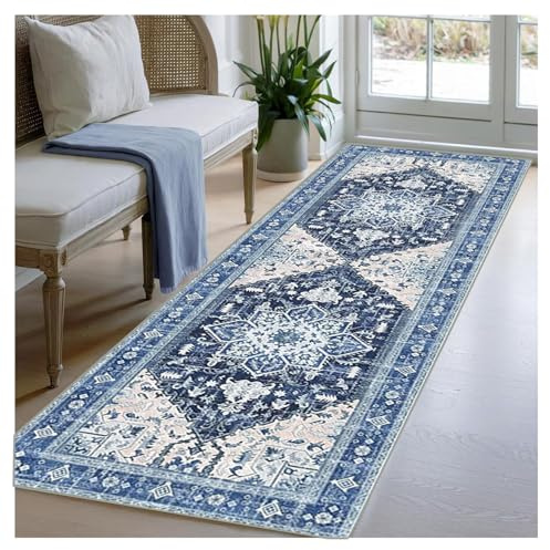 BORKOY Blau Teppichläufer rutschfest Meterware 100x300cm Waschbar Flur Lang Küchenläufer Bettvorleger Weich Kurzflor für Korridor Wohnzimmer Schlafzimmer Küche Flurteppich Teppich Läufer Lang