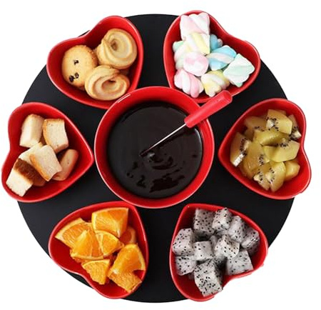 Service à fondue au chocolat en céramique 13 pièces avec 4 fourchettes et 6 assiettes en forme de cœur – Service à fondue au fromage avec plateau noir, chauffe-beurre en céramique pour fête de famille