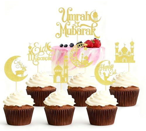 Rolcheleego 25PCS Eid-themed Cake Topper Set, Including 1 Large Umrah Mubarak Topper + 24pcs 6 Styles Small Toppers, Essential for Eid Baking Decoration and Gifting