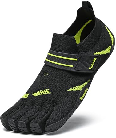 FACETU'S Barefoot Five-Finger Water Shoes for Women & Men, Quick Dry Mesh Athletic Sneakers with Adjustable Strap, Rubber Sole, Black with Blue Accents (Black/Green, Adult, Men, 10, Numeric, US Footwear Size System, Wide)
