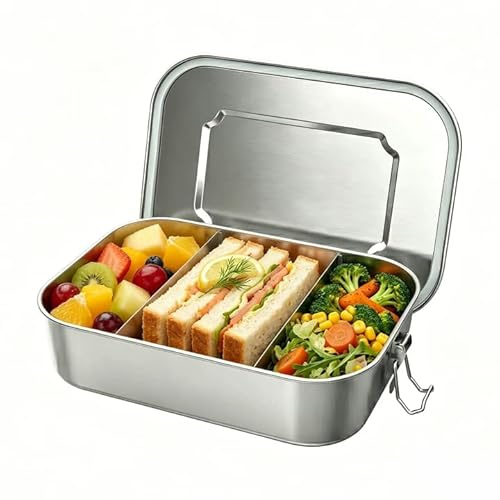 ABCORPHIC Brotdose mit Fächern Edelstahl 1400ml groß, Auslaufsichere Bento Box mit verstellbarer Trennwand, Metall Lunchbox für Erwachsene & Kinder