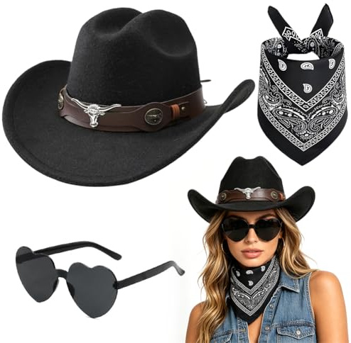 VorPrillynt Cowboyhut Hut Set 3 Stück Western Cowboy Outfits Cowboyhut Unisex Set Cowgirl Accessoires mit Sonnenbrille und Kopftuch für Karneval Maskeraden Mottoparty Halloween 1