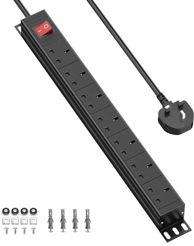 7 Way Power Strip with Switch, 13A Heavy Duty Extension Lead, Metal Housing PDU with Surge Protection & Adjustable 180° Mounting Bracket, Ideal for 19in Rack, Workshop, Office & Home Use