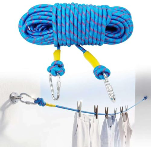 20M Heavy Duty Polyester Washing Line Rope with Hooks,10MM Steel Core Clotheslines with 2 Hooks,Multipurpose Strong Rope Laundry Line,Polyester Steel Core Clothesline for Outdoor Garden,Camping