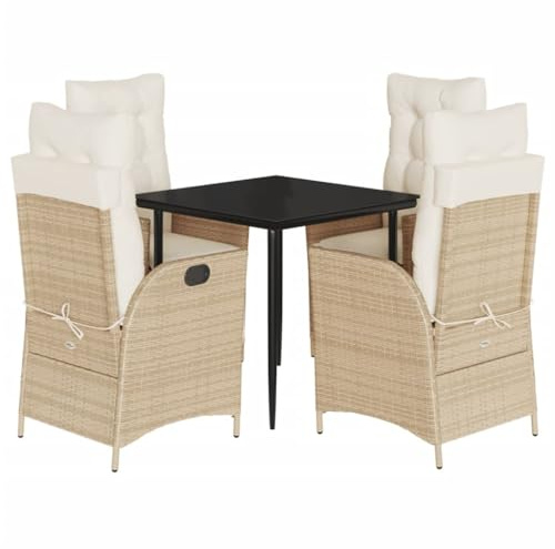 PUGYNBK 5-TLG. Garten-Essgruppe mit Kissen Beige Poly Rattan, Gartensessel mit Verstellbarer Rückenlehne, Esstisch mit Glasplatte, abnehmbare und waschbare Bezüge, max. 110 kg pro Sitz