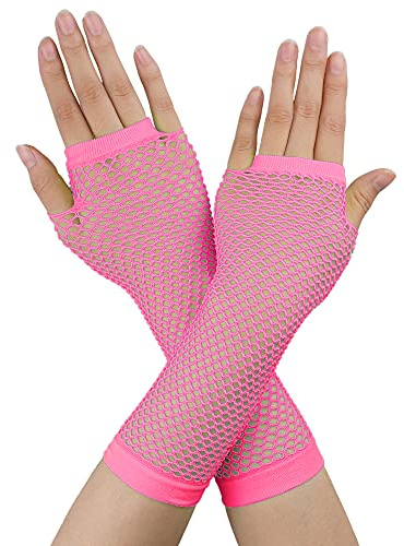 sourcing map 1 Paar Damen Elastisch Fischnetz Ellenbogen Fingerlos Handschuhe Arm Warmer Rosa Einheitgröße
