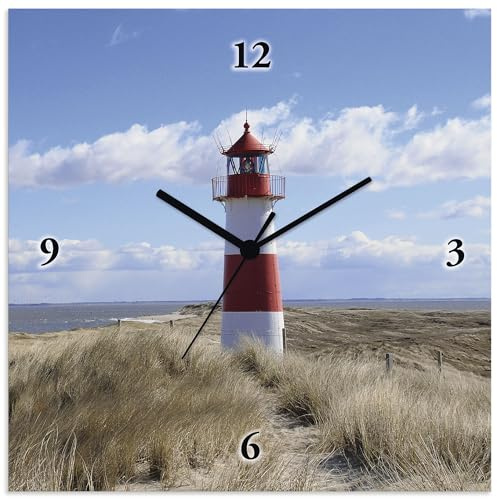 ARTLAND Wanduhr ohne Tickgeräusche Alu Quarzuhr 30x30 cm Quadratisch Lautlos Strand Meer Leuchtturm Urlaub Sylt Maritim T9ML