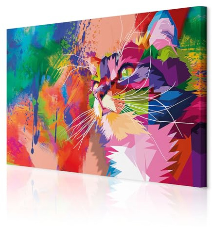 decomonkey Wandbilder Katze Abstrakt 120x80 cm 1 Teilig Leinwandbilder Bunt | Bild auf Leinwand, Kunstdruck, Wanddeko, Wohnzimmer, Wanddekoration, Rosa, Orange, Blau, Grün