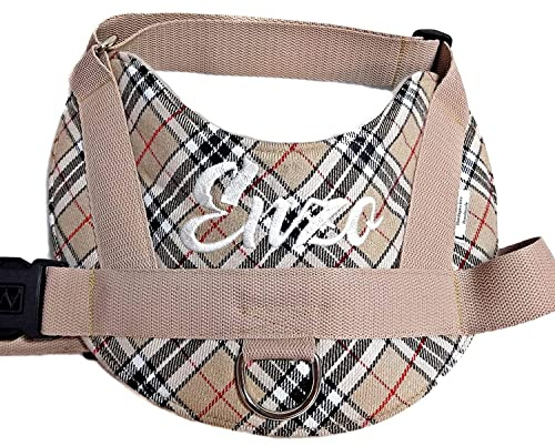 Hundegeschirr S M L XL XXL Brustgeschirr Name bestickt Schotten Karo beige für kleine mittelgroße und große Hunde
