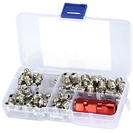 Hilitand 60 Piezas de engrase Paquete de Ajuste Pezón de Metal Pieza de lubricación mecánica con Caja de plástico + Pistola de engrase Boca Plana