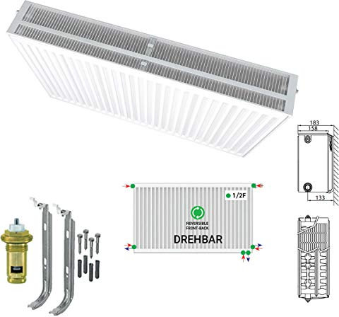 Belrad Typ 33 (Höhe x Breite) 600x1600 mm Universalheizkörper Kompakt & Ventilheizkörper Halter & Ventil - 6 Anschluss