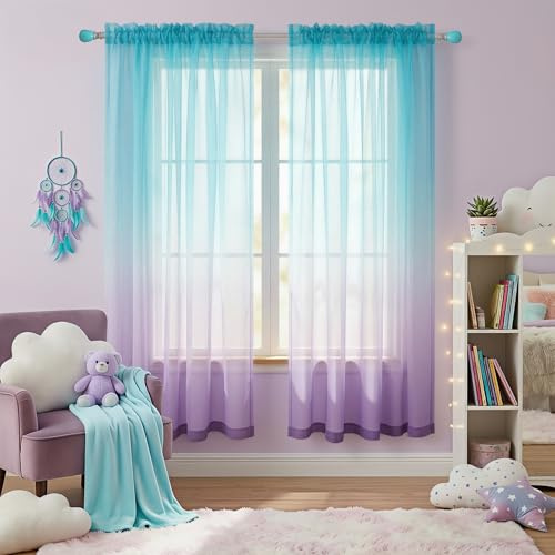 KOUFALL Kinder-Vorhänge, 2-teiliges Set für Schlafzimmer, Mädchenzimmer, Meerjungfrauen-Dekor, durchscheinende Ombré-Baby-Vorhänge für Kinderzimmer, lila und blaugrün, 160 cm Länge