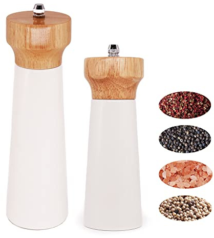 White Salt Grinder Wooden Pepper Salt Grinder Set Pepper Mill Salt & Pepper Shakers - Stainless Ceramic Refillable Stylish for Sea Salt Black Pepper - 6 and 8 Mills Lighthouse by Tessie & Jessie