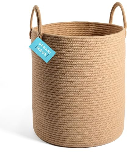 OrganiHaus Korb Geflochten Rund, Wäschekorb Geflochten, Korb Aufbewahrung Groß, Aufbewahrungskorb Kinderzimmer, Aufbewahrungskorb für Decken Kissen Spielzeug, Faltbar mit Griff - 38x45cm, Honig