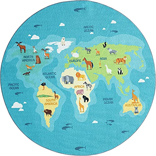 the carpet Happy Life Kinderzimmer, Kinderteppich, Spielteppich, Weltkarte, Erde, Tiere, Rund, Blau, 200 x 200 cm