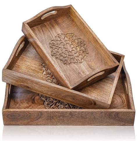 Ajuny 3er Set Serviertabletts aus Holz mit Griffen Blumen Schnitzerei | Snacks Kaffee Tee Frühstück Schminktisch Küche Esszimmer Wohnzimmer Einzug Hochzeit Geburtstag Dekoratives Geschenk