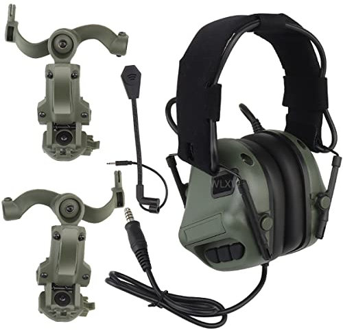 WLXW Tactical Headset for Airsoft(Head-Mounted & Helmet-Mounted),Wargame Hunting Outdoor Non-Military Tactical Earmuff (Noise Reduction),with Helmet ARC Rail Adapter Arm Headphone Bracket,Green