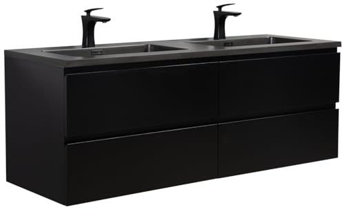 Badrum badrumsmöbler set Angela 140 cm – svart tvättställ – matt svart – underskåp, skåp, tvättställ, tvättställ