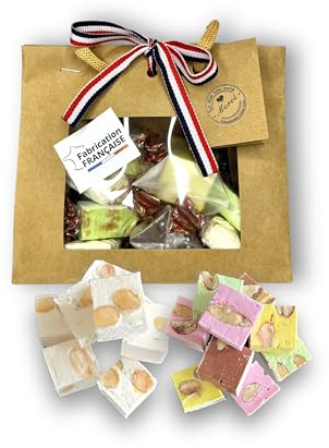 Panier de Nougat tendre - Coffret Gourmand sucré Cadeau original à offrir - Idée plaisir Fabrication Française - Parfum naturel saveurs chocolat pistache amande cacahuètes