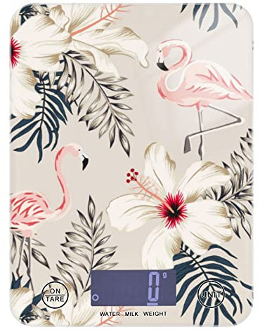 Retro Pink Flamingo, Palm Leaves, White Hibiscus Flowers on Beige Tempered Glass Kitchen Scales, Digital Weight Grams and Oz Food Scales for Cooking Baking Meal Prep Home Weight Loss Health Diet