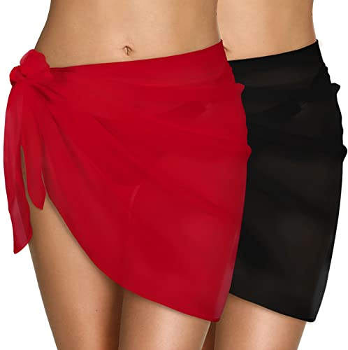 CMTOP Pareo Playa para Mujer Traje de Baño Chal de Gasa Vestido Envolvente Corto Falda Pareo Bikini Cubierta Sarong para Playa Piscina Vacaciones(Negro+Rojo,Talla única)