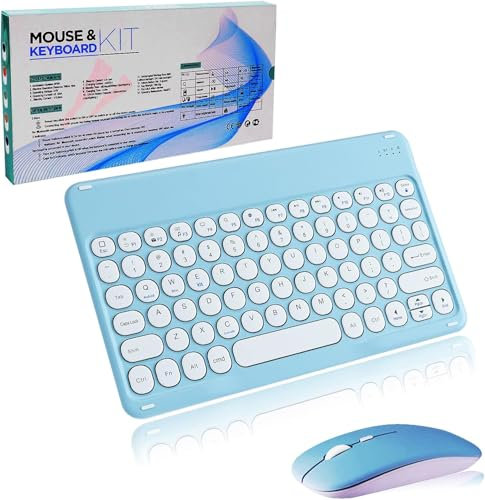 Wireless Keyboard and Mouse,Bluetooth Rechargeable Mini Small Silent 10-inch Compact Flat Keyboard and Mouse Set for Computer/iPad/PC/Tablet/Surface/Mac/Microsoft/Android(blue）