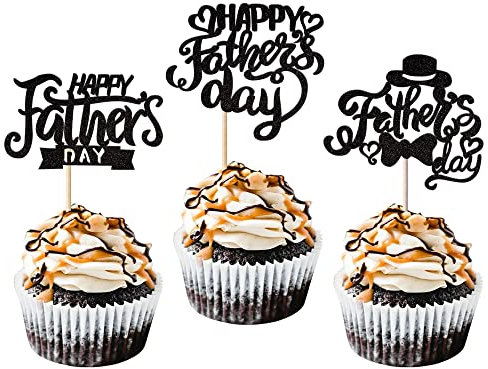 Rsstarxi 24 Pack Happy Father's Day Cupcake Toppers Glitter Best Dad Cupcake Picks Love Dad Cake Decorations for Happy Father's Day Theme Birthday Party Supplies Black