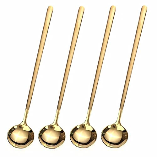 4 Stück 17,9 cm Kaffeelöffel, Rührlöffel, Teelöffel mit langem Griff, goldene Teelöffel, goldene Löffel, Eisteelöffel, lange Löffel zum Rühren, goldene Espressolöffel aus Edelstahl