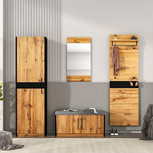 I0I&I0I Stilvolles 4-teiliges Garderoben Set mit Spiegel und Sitzbank - Perfekte Ordnung im Eingangsbereich (Brown)
