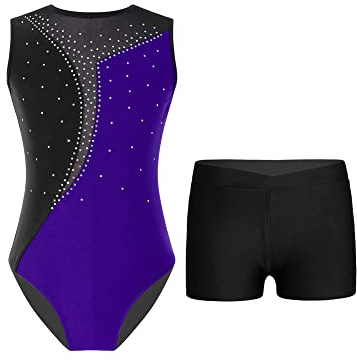 iEFiEL Mädchen Glitzer Turnanzug Ärmellose Leotards Rückenfrei Ballettanzug mit Strass Ballettkleidung Gymnastikbody Tanzkostüm Vc Lila Schwarz 146-152