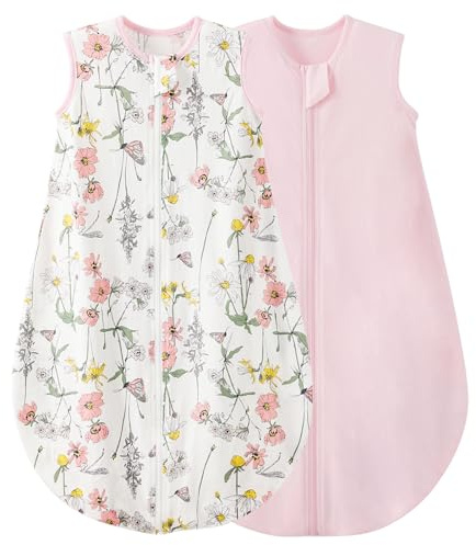 Duomiaomiao Baby Sleeping Bag 2 Pack 0.5 Tog Sleep Sack, Baby Summer Sleeping Bag 100% Cotton Baby Wearable Blanket Unisex Toddler Newborn Sleep Bag 6-18 Months, Flower&Pink