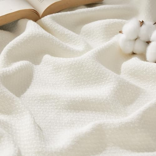 Bedsure GentleSoft 100% Cotton Blanket Queen Size for Bed - Breathable and Lightweight, Soft Cozy Textured Herringbone Woven Blanket for Summer, Cream, 90x90 inches
