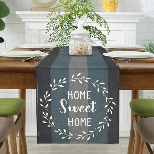 MAIXUN Runner da Tavolo Lino Blu Moderno 33 X 183 Nero Grigio Petrolio Runner Tavolo Lavabile Vintage Strisce Tovaglia Decorazioni per Tavolo da Pranzo, Feste Matrimoni