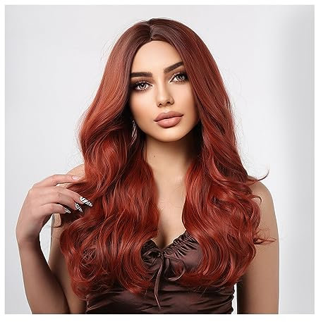 WAOCEO Peluca Pelucas de Pelo sintético Rizado Largo de Cobre Rojo for Mujer, Cosplay, Naranja, Rojo, Parte Media, Peluca Resistente al Calor for Fiesta con Ondas Naturales Peluca Hombre